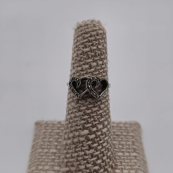 Jewelry - Size 5.75 Sterling Silver Double Heart Marcasite Stones Ring A3294